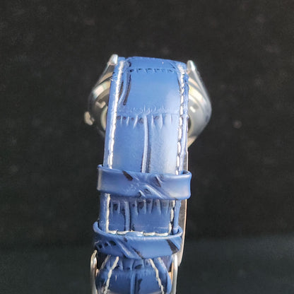 Vintage Mod Seiko 5 Automatic 17 Jewels Cal. 7009 Blue Face Blue Leather Band Day-Date Men's Wrist Watch Sk