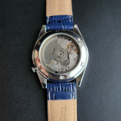 Vintage Mod Seiko 5 Automatic 17 Jewels Cal. 7009 Blue Face Blue Leather Band Day-Date Men's Wrist Watch Sk