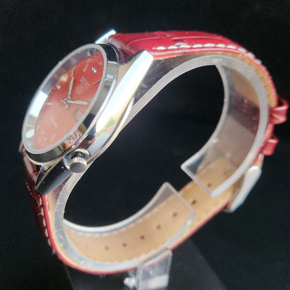 Vintage Mod  Seiko 5 Automatic 17 Jewels Cal. 7009 Red Face Red Leather Band Day-Date Men's Wrist Watch Sk