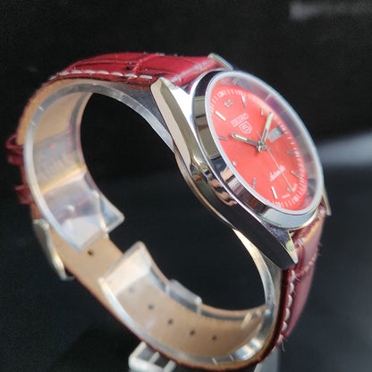 Vintage Mod  Seiko 5 Automatic 17 Jewels Cal. 7009 Red Face Red Leather Band Day-Date Men's Wrist Watch Sk