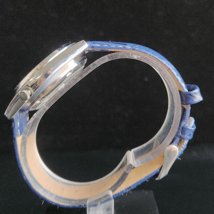 Vintage Mod Seiko 5 Automatic 17 Jewels Cal. 7009 Blue Face Blue Leather Band Day-Date Men's Wrist Watch Sk