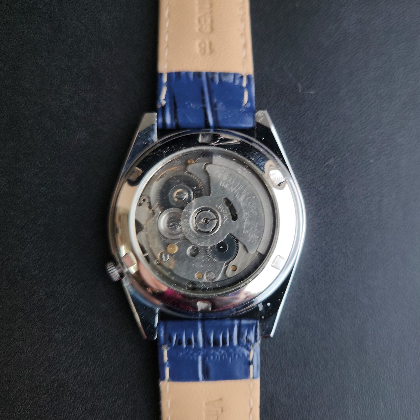 Vintage Mod Seiko 5 Automatic 17 Jewels Cal. 7009 Blue Face Blue Leather Band Day-Date Men's Wrist Watch Sk