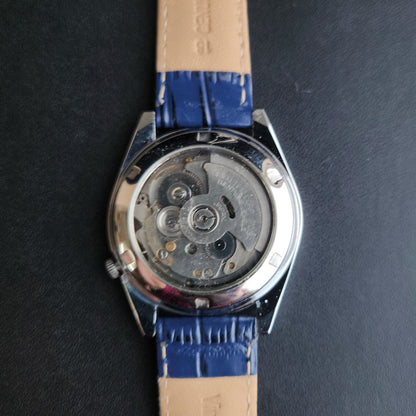 Vintage Mod Seiko 5 Automatic 17 Jewels Cal. 7009 Blue Face Blue Leather Band Day-Date Men's Wrist Watch Sk