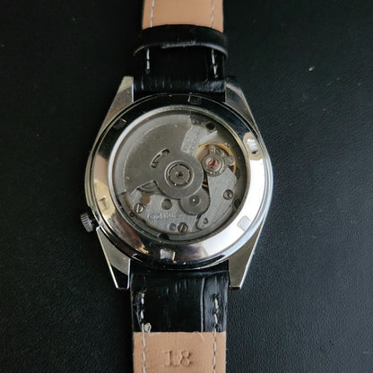 Vintage Mod  Seiko 5 Automatic 17 Jewels Cal. 7009 Black Face Black Leather Band Day-Date Men's Wrist Watch Sk
