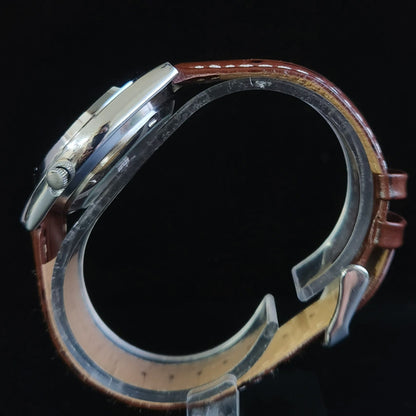 Vintage Mod Seiko 5 Automatic 17 Jewels Cal. 7009 Brown Face Brown Leather Band Day-Date Men's Wrist Watch Sk