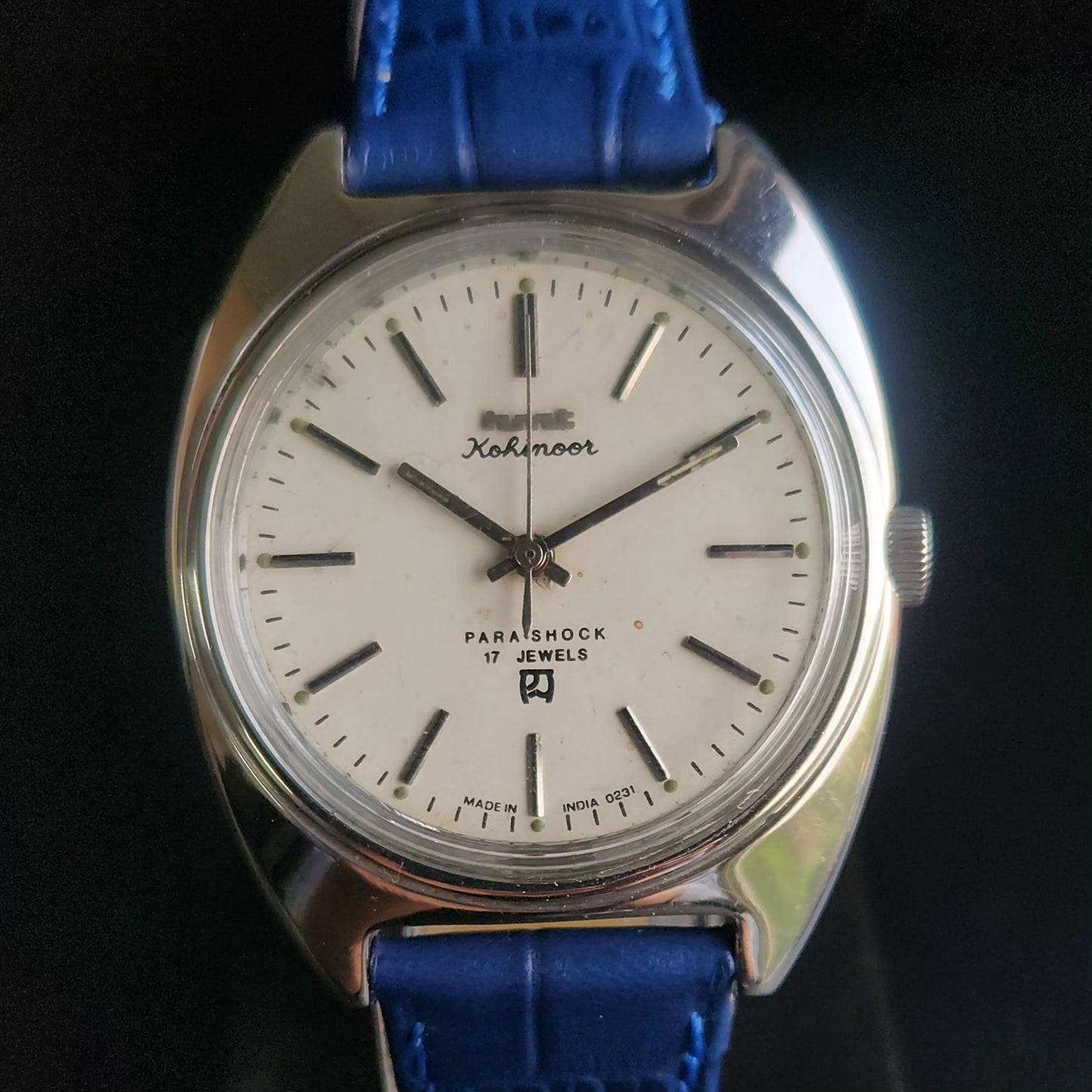 Vintage Original HMT Kohinoor Hand Winding 17 Jewels Silver Face Blue Croco Leather Strap Men's Wrist Watch S97