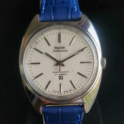 Vintage Original HMT Kohinoor Hand Winding 17 Jewels Silver Face Blue Croco Leather Strap Men's Wrist Watch S97