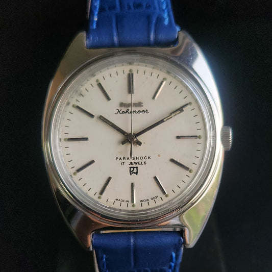 Vintage Original HMT Kohinoor Hand Winding 17 Jewels Silver Face Blue Croco Leather Strap Men's Wrist Watch S97