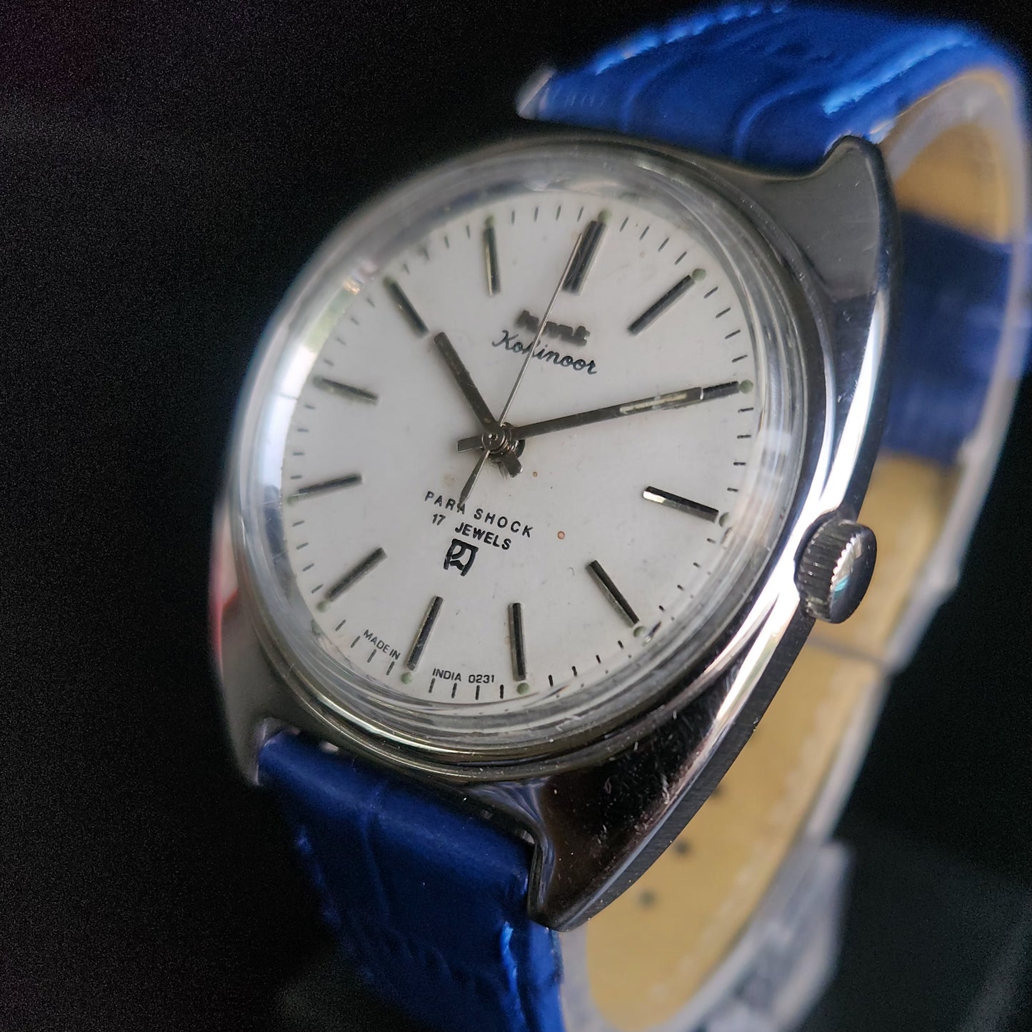 Vintage Original HMT Kohinoor Hand Winding 17 Jewels Silver Face Blue Croco Leather Strap Men's Wrist Watch S97