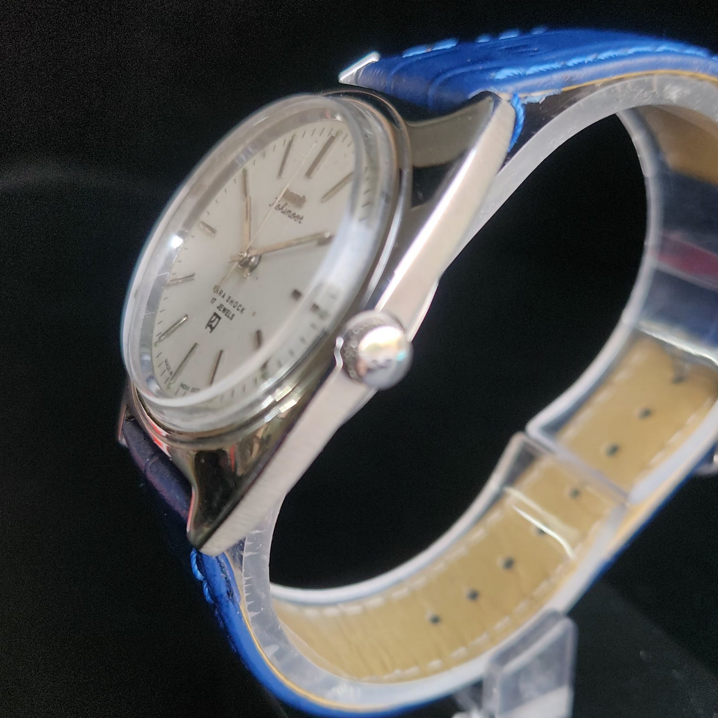 Vintage Original HMT Kohinoor Hand Winding 17 Jewels Silver Face Blue Croco Leather Strap Men's Wrist Watch S97