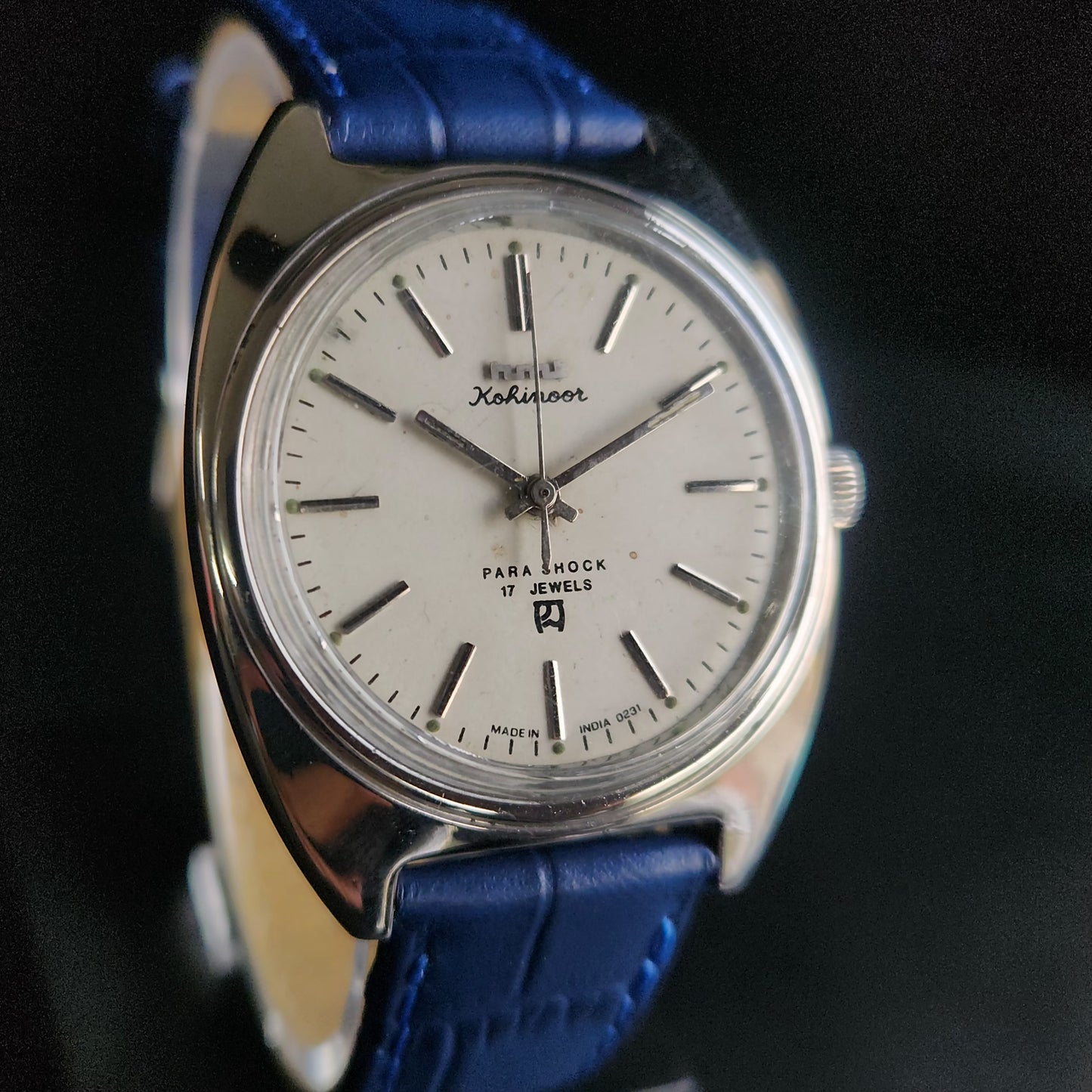 Vintage Original HMT Kohinoor Hand Winding 17 Jewels Silver Face Blue Croco Leather Strap Men's Wrist Watch S97