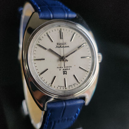 Vintage Original HMT Kohinoor Hand Winding 17 Jewels Silver Face Blue Croco Leather Strap Men's Wrist Watch S97