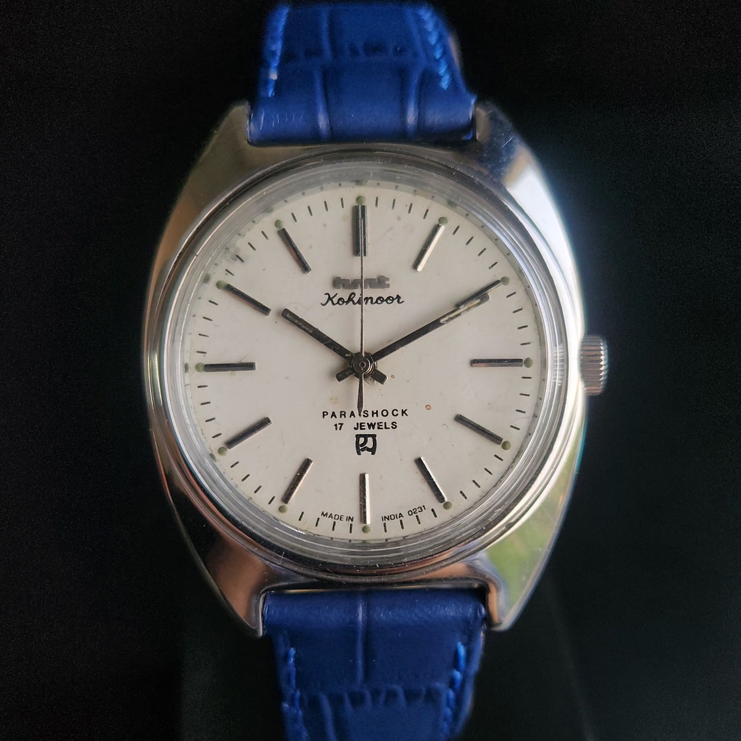 Vintage Original HMT Kohinoor Hand Winding 17 Jewels Silver Face Blue Croco Leather Strap Men's Wrist Watch S97