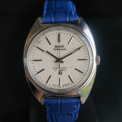 Vintage Original HMT Kohinoor Hand Winding 17 Jewels Silver Face Blue Croco Leather Strap Men's Wrist Watch S97