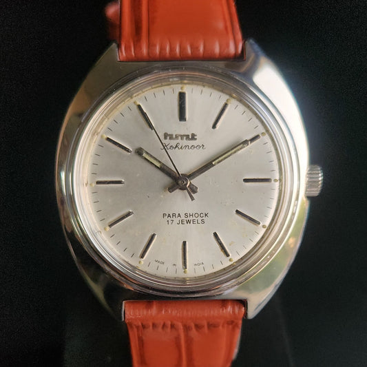 Vintage Original HMT Kohinoor Hand Winding 17 Jewels Silver Face Brown Croco Leather Strap Men's Wrist Watch S91