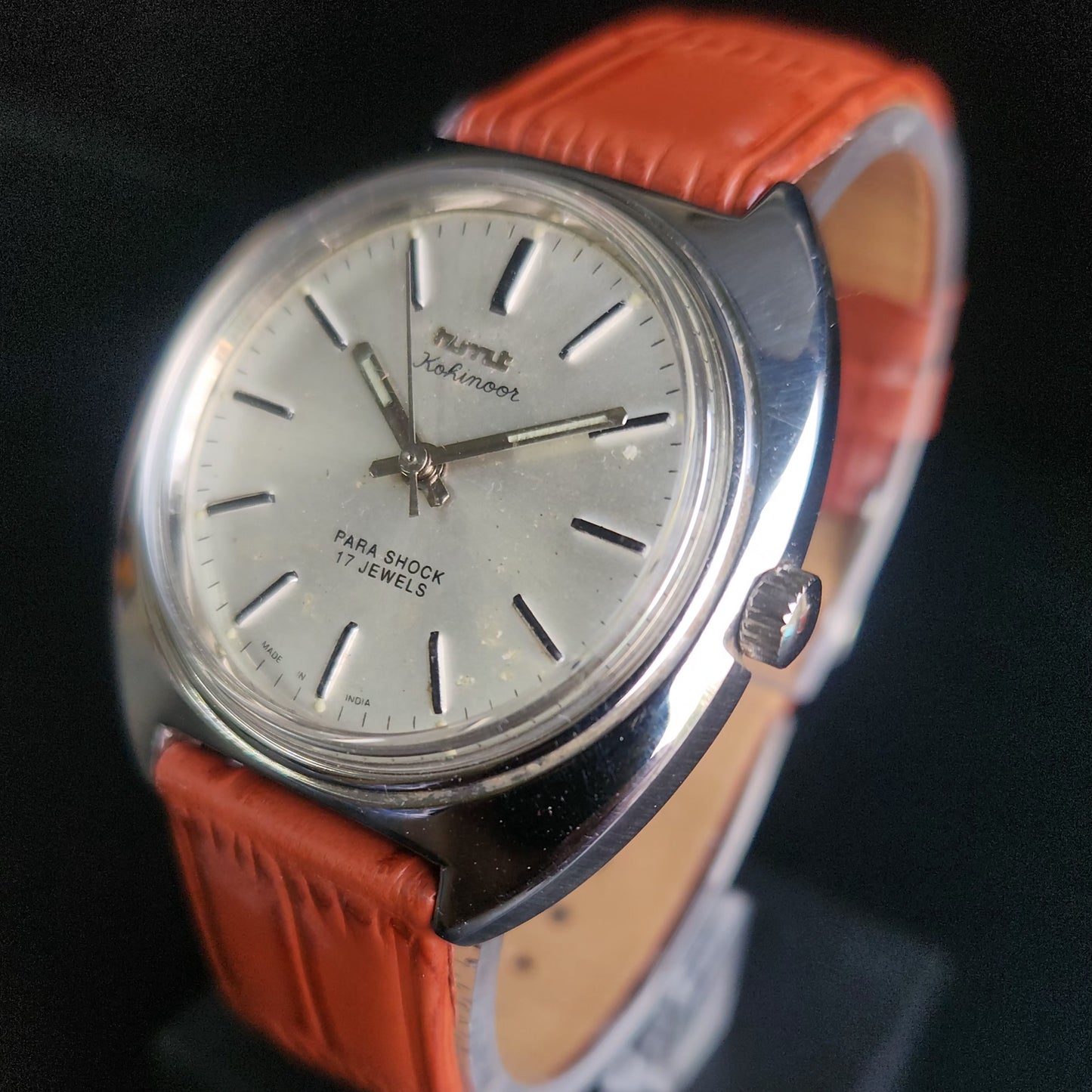 Vintage Original HMT Kohinoor Hand Winding 17 Jewels Silver Face Brown Croco Leather Strap Men's Wrist Watch S91
