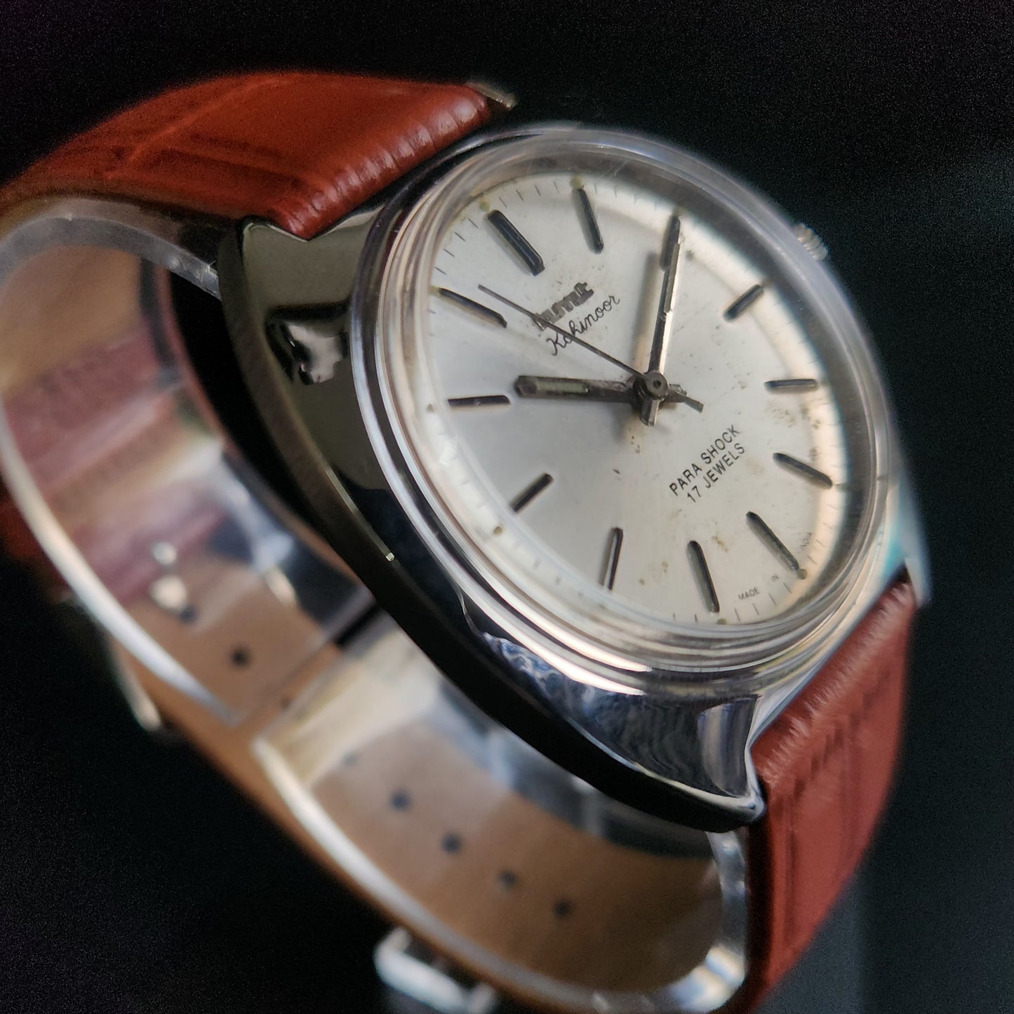 Vintage Original HMT Kohinoor Hand Winding 17 Jewels Silver Face Brown Croco Leather Strap Men's Wrist Watch S91