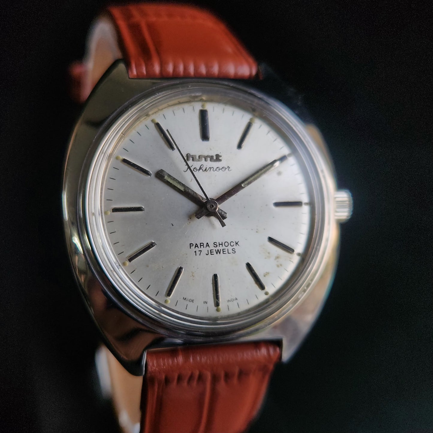 Vintage Original HMT Kohinoor Hand Winding 17 Jewels Silver Face Brown Croco Leather Strap Men's Wrist Watch S91