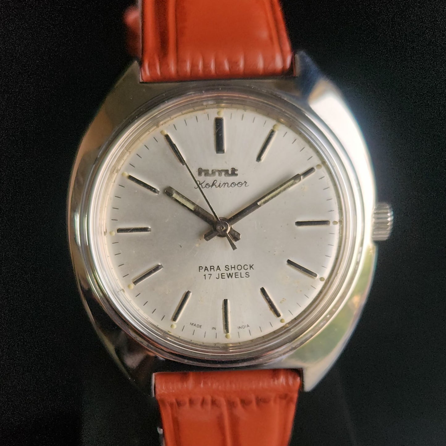 Vintage Original HMT Kohinoor Hand Winding 17 Jewels Silver Face Brown Croco Leather Strap Men's Wrist Watch S91