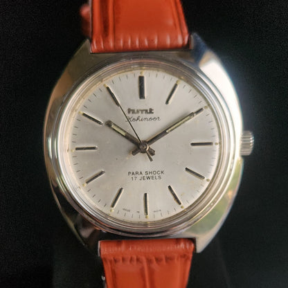 Vintage Original HMT Kohinoor Hand Winding 17 Jewels Silver Face Brown Croco Leather Strap Men's Wrist Watch S91