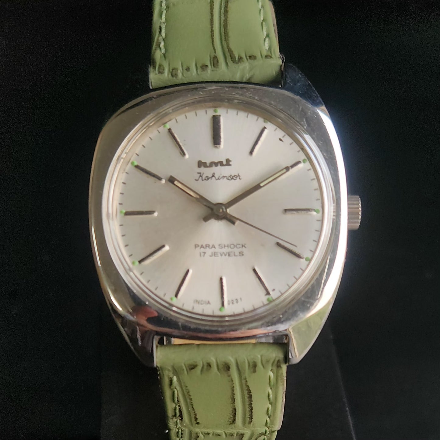 Vintage Original HMT Kohinoor Hand Winding 17 Jewels Silver Face Green Croco Leather Strap Men's Wrist Watch S90