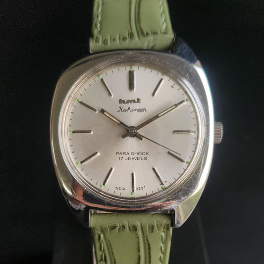 Vintage Original HMT Kohinoor Hand Winding 17 Jewels Silver Face Green Croco Leather Strap Men's Wrist Watch S90