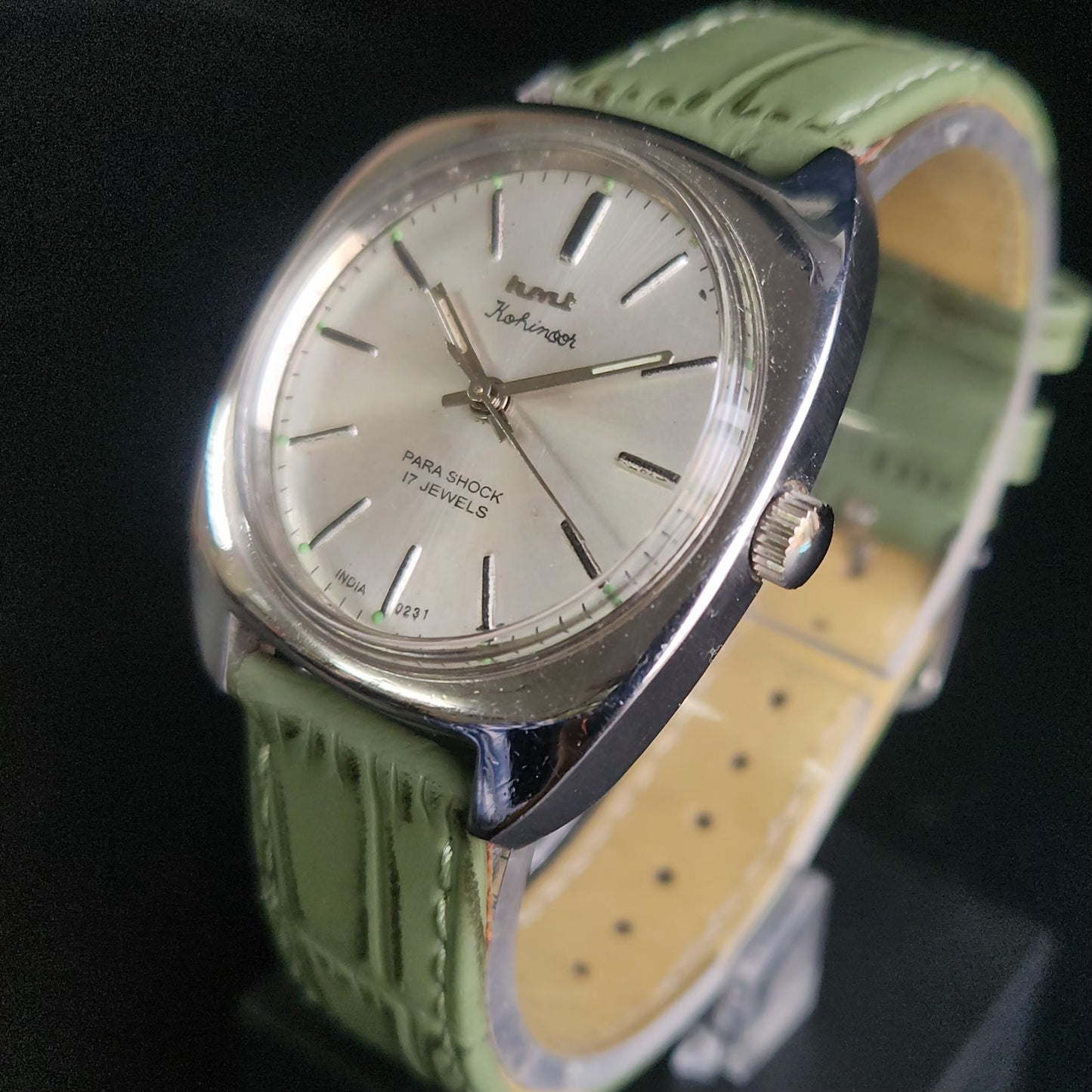 Vintage Original HMT Kohinoor Hand Winding 17 Jewels Silver Face Green Croco Leather Strap Men's Wrist Watch S90