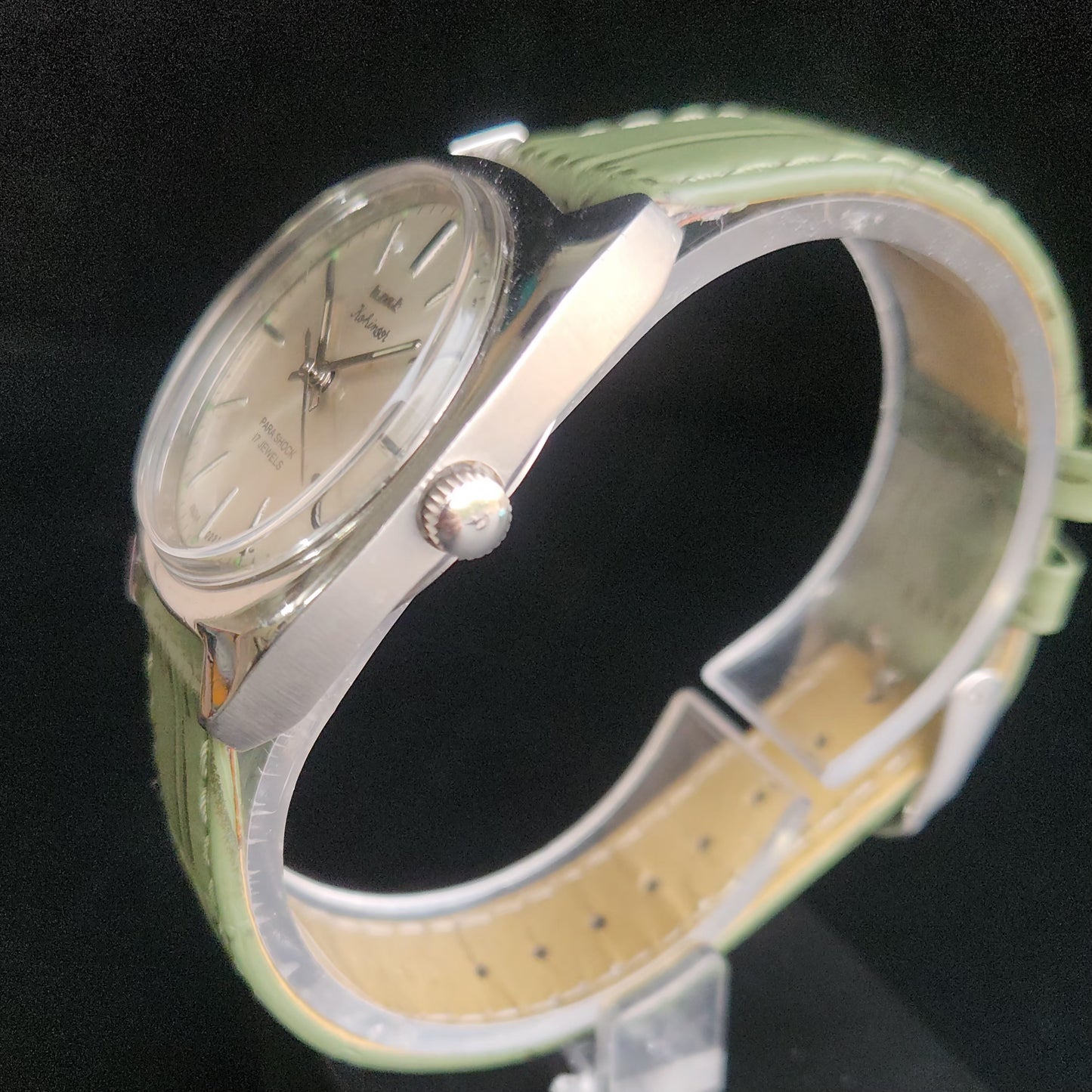 Vintage Original HMT Kohinoor Hand Winding 17 Jewels Silver Face Green Croco Leather Strap Men's Wrist Watch S90