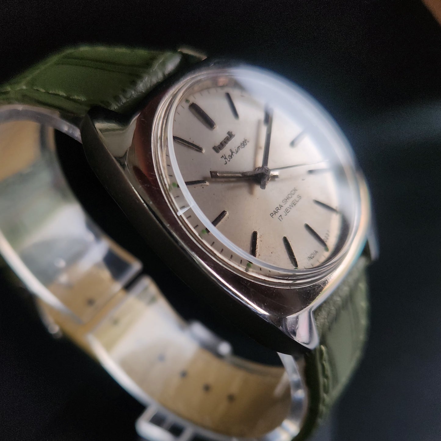 Vintage Original HMT Kohinoor Hand Winding 17 Jewels Silver Face Green Croco Leather Strap Men's Wrist Watch S90