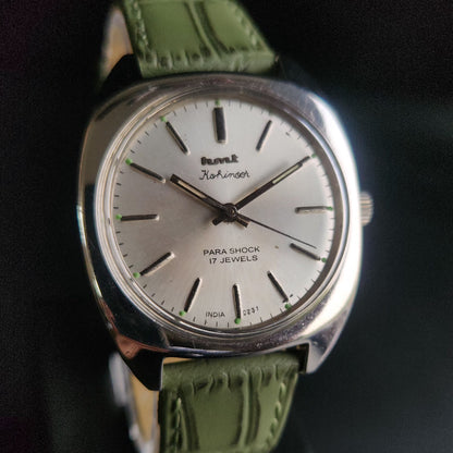 Vintage Original HMT Kohinoor Hand Winding 17 Jewels Silver Face Green Croco Leather Strap Men's Wrist Watch S90