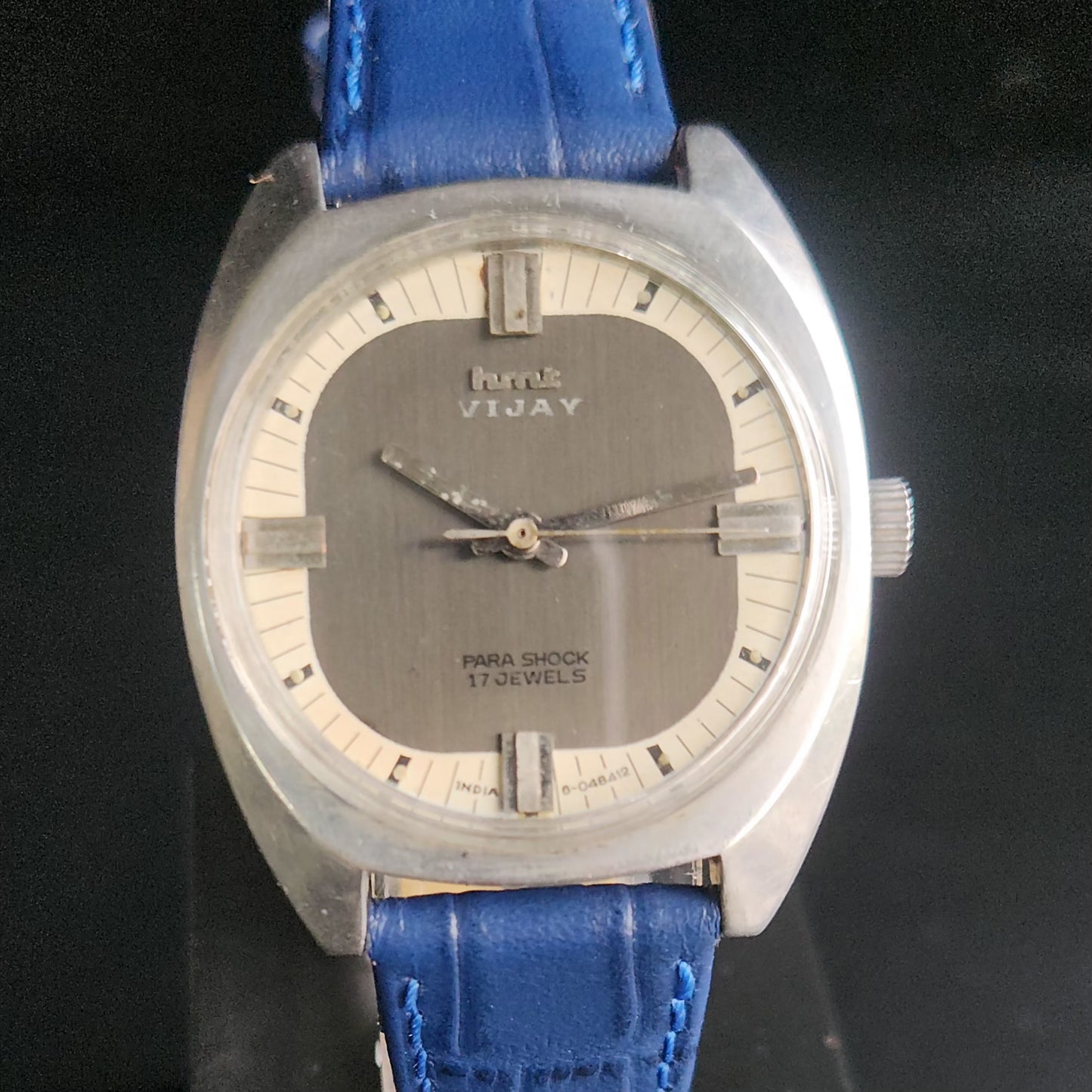Vintage Original HMT Vijay Hand Winding 17 Jewels Grey Face Blue Croco Leather Strap Men's Wrist Watch S94