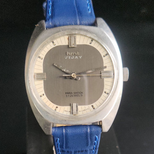 Vintage Original HMT Vijay Hand Winding 17 Jewels Grey Face Blue Croco Leather Strap Men's Wrist Watch S94