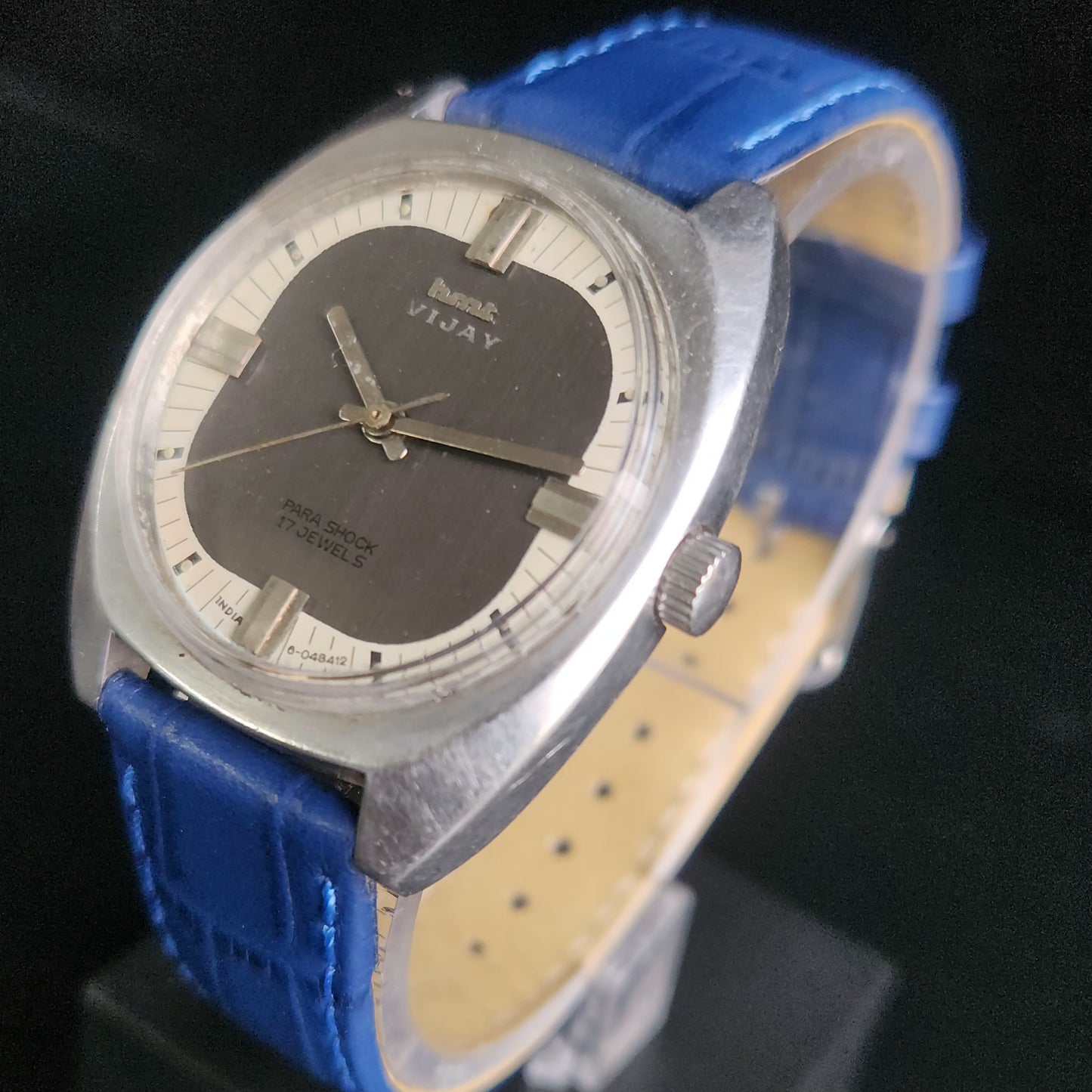 Vintage Original HMT Vijay Hand Winding 17 Jewels Grey Face Blue Croco Leather Strap Men's Wrist Watch S94