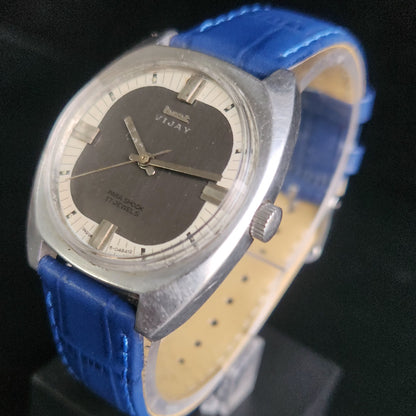 Vintage Original HMT Vijay Hand Winding 17 Jewels Grey Face Blue Croco Leather Strap Men's Wrist Watch S94