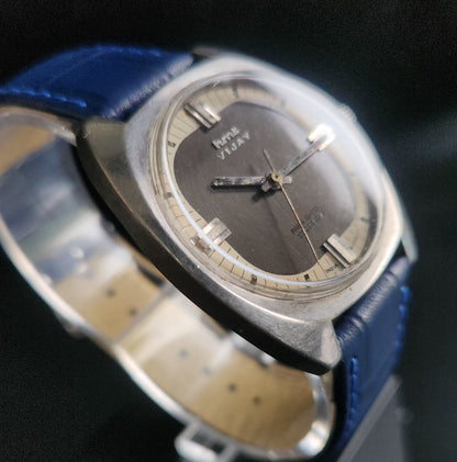 Vintage Original HMT Vijay Hand Winding 17 Jewels Grey Face Blue Croco Leather Strap Men's Wrist Watch S94