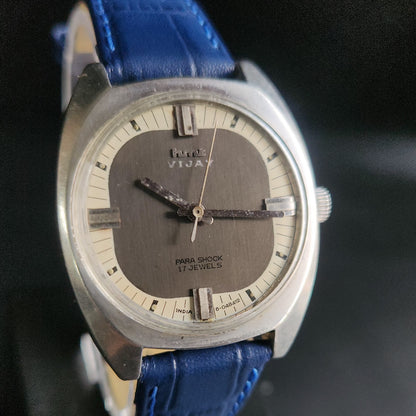 Vintage Original HMT Vijay Hand Winding 17 Jewels Grey Face Blue Croco Leather Strap Men's Wrist Watch S94