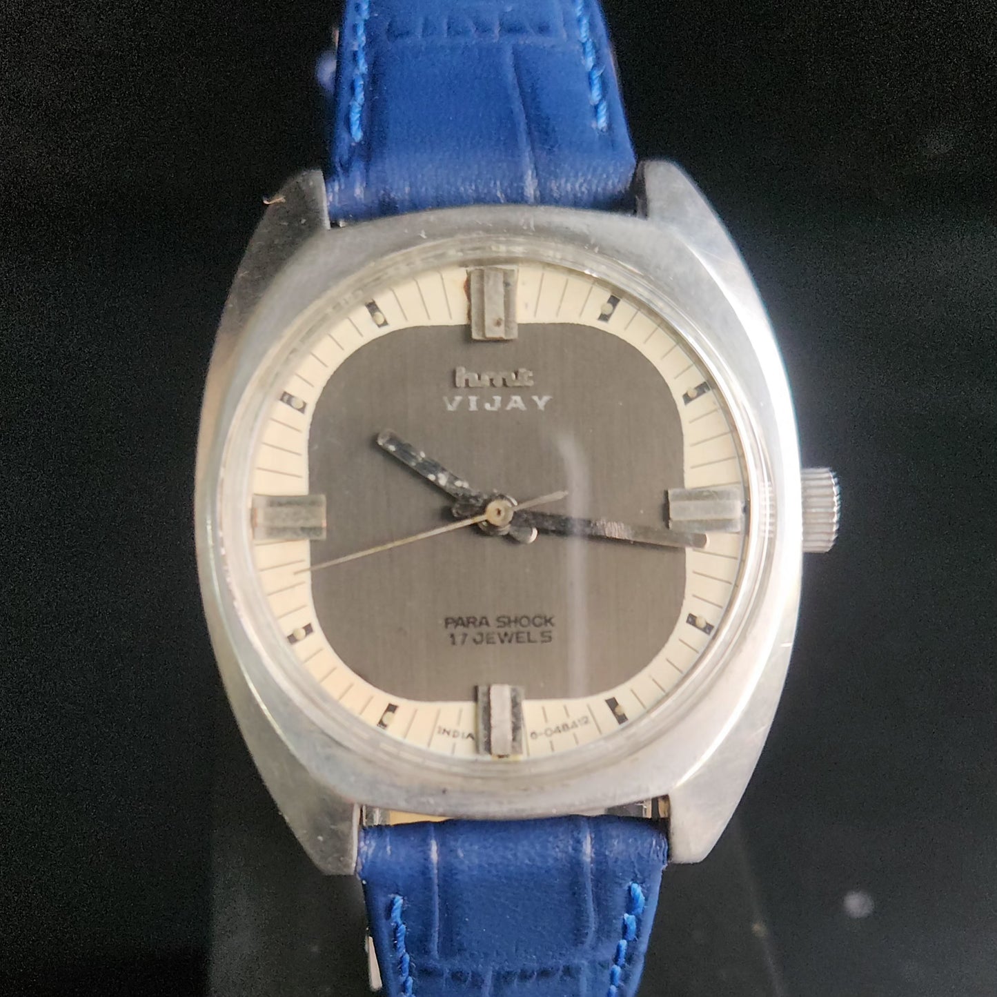 Vintage Original HMT Vijay Hand Winding 17 Jewels Grey Face Blue Croco Leather Strap Men's Wrist Watch S94