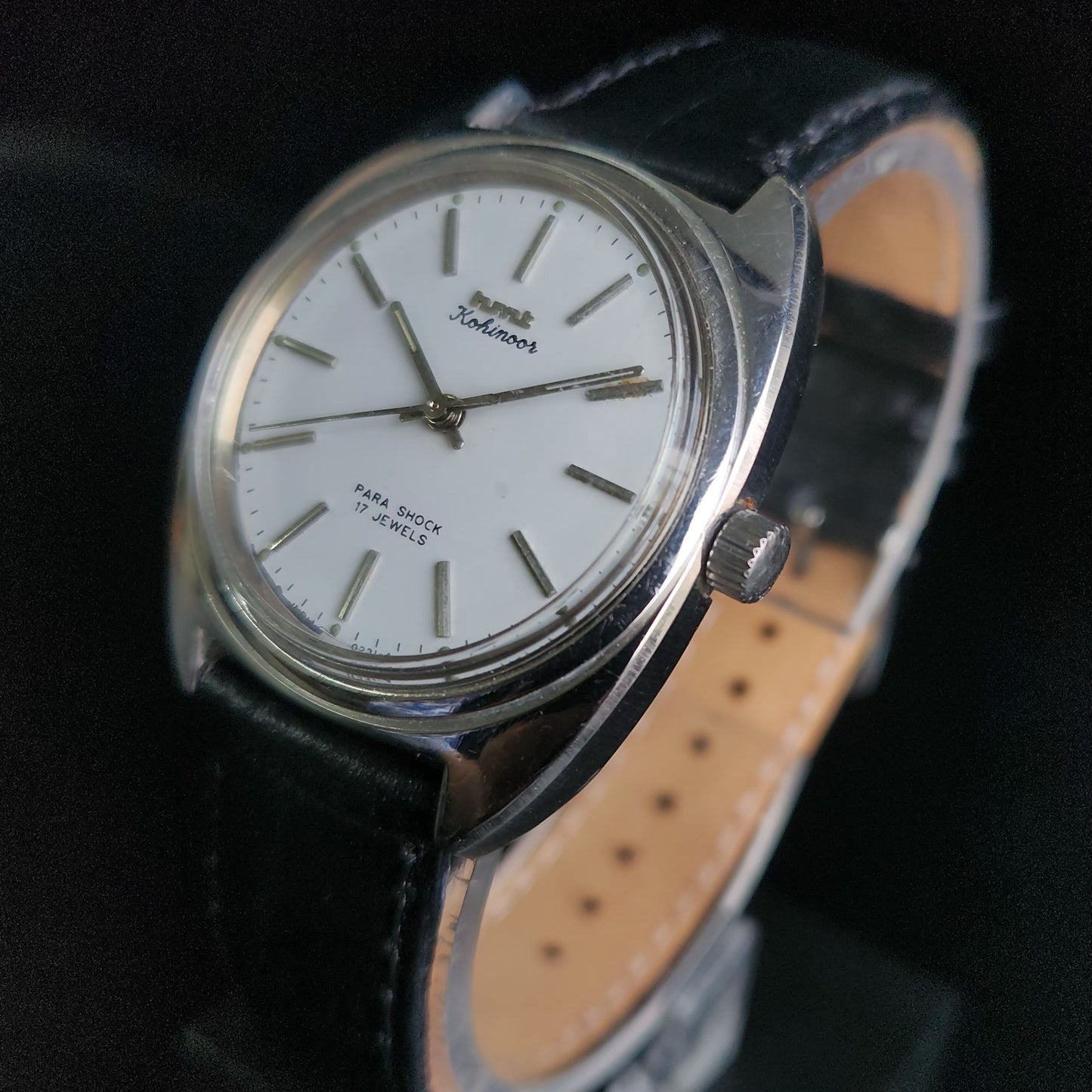 Vintage Original HMT Kohinoor Hand Winding 17 Jewels White Face Black Croco Leather Strap Men's Wrist Watch S89