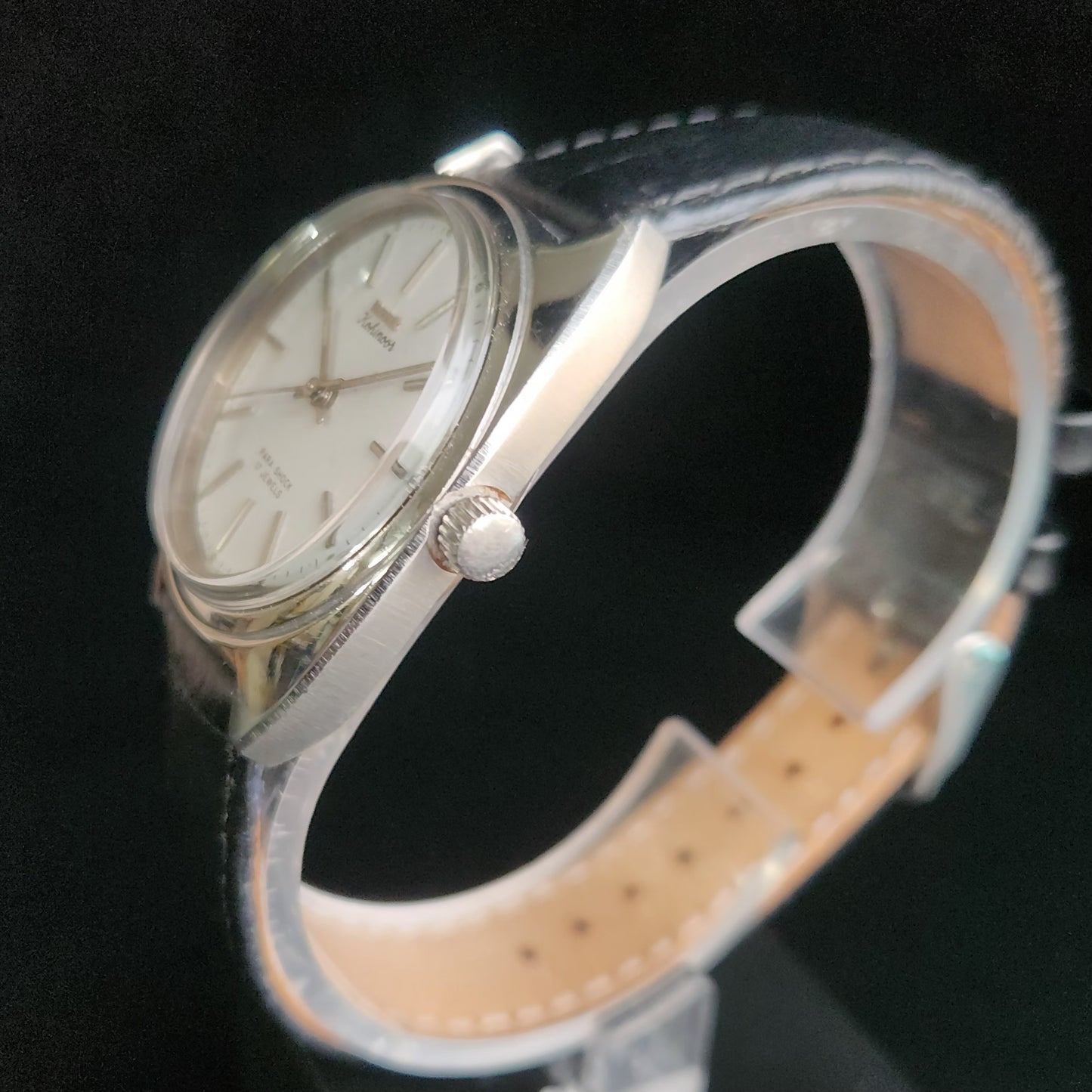 Vintage Original HMT Kohinoor Hand Winding 17 Jewels White Face Black Croco Leather Strap Men's Wrist Watch S89