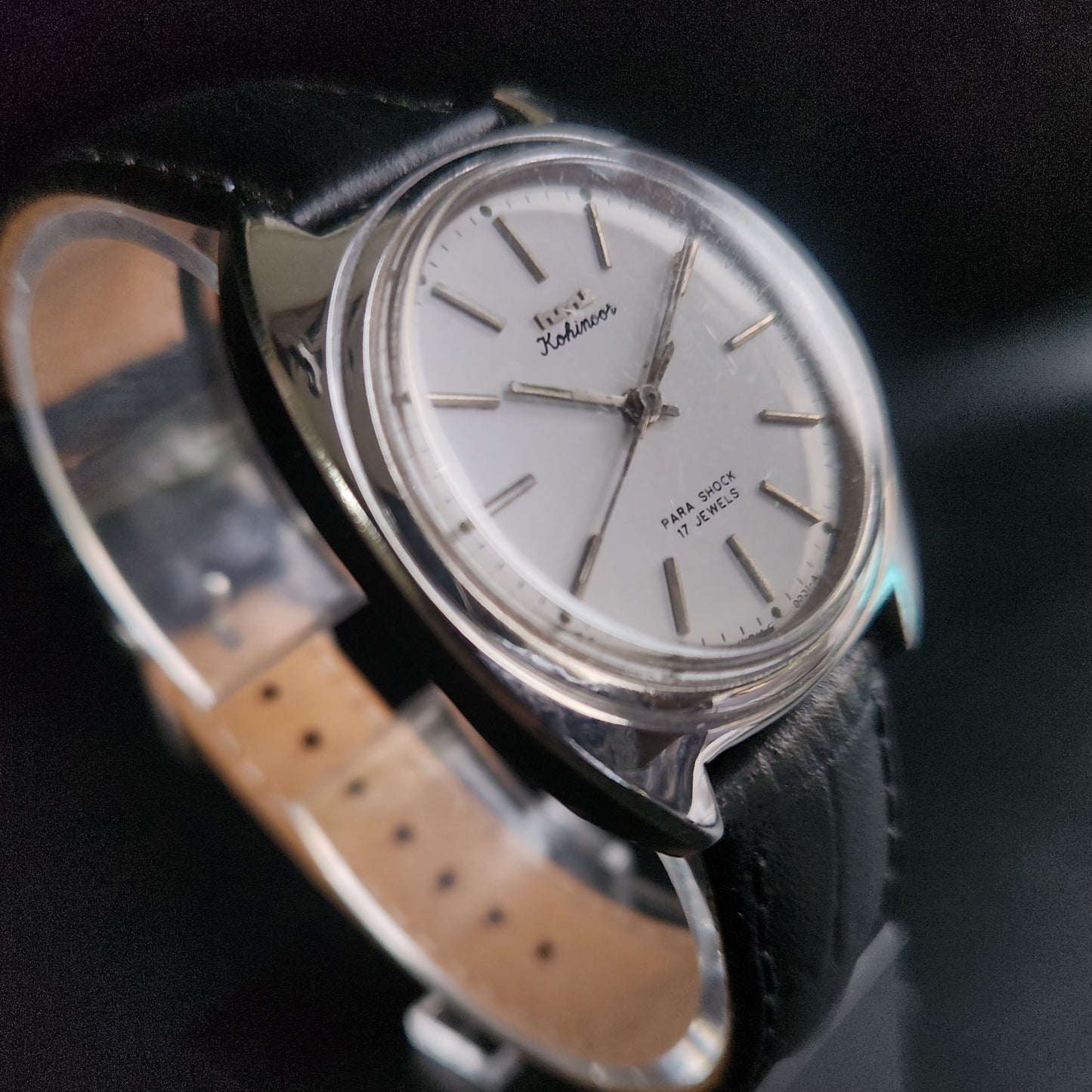 Vintage Original HMT Kohinoor Hand Winding 17 Jewels White Face Black Croco Leather Strap Men's Wrist Watch S89