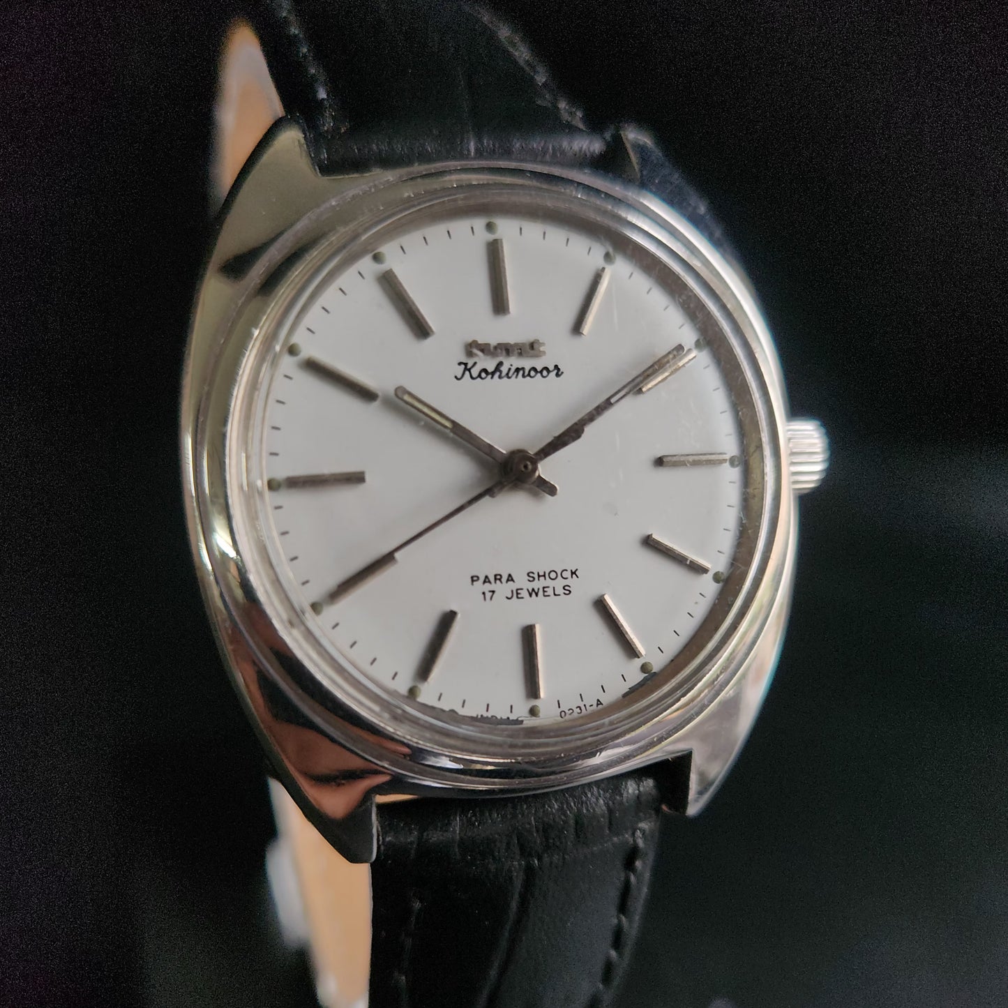 Vintage Original HMT Kohinoor Hand Winding 17 Jewels White Face Black Croco Leather Strap Men's Wrist Watch S89