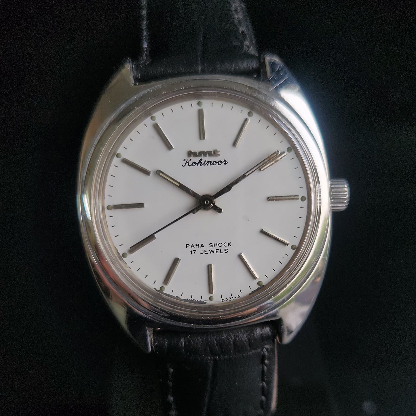Vintage Original HMT Kohinoor Hand Winding 17 Jewels White Face Black Croco Leather Strap Men's Wrist Watch S89