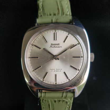 Vintage Original HMT Kohinoor Hand Winding 17 Jewels Silver Face Green Croco Leather Strap Men's Wrist Watch S95