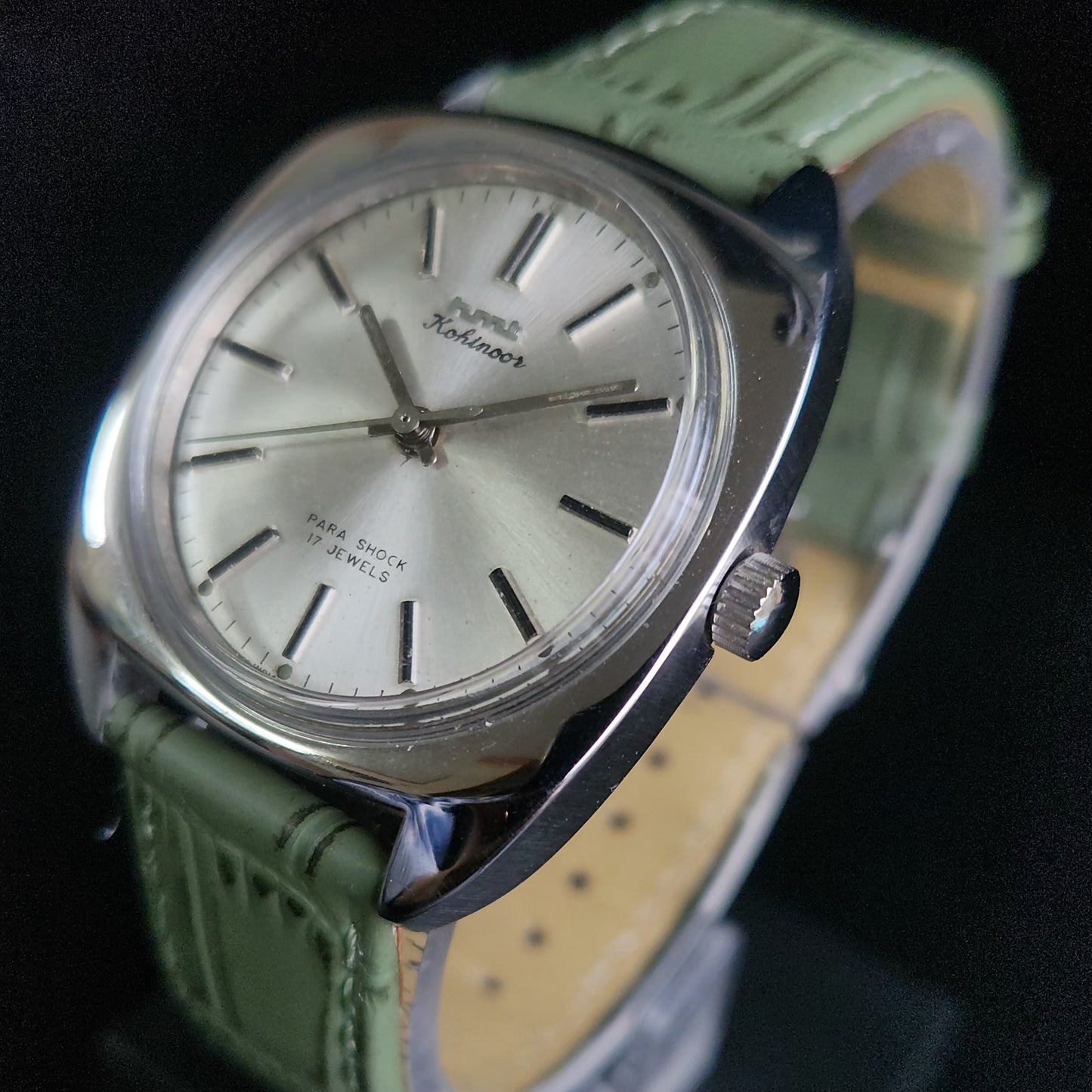 Vintage Original HMT Kohinoor Hand Winding 17 Jewels Silver Face Green Croco Leather Strap Men's Wrist Watch S95