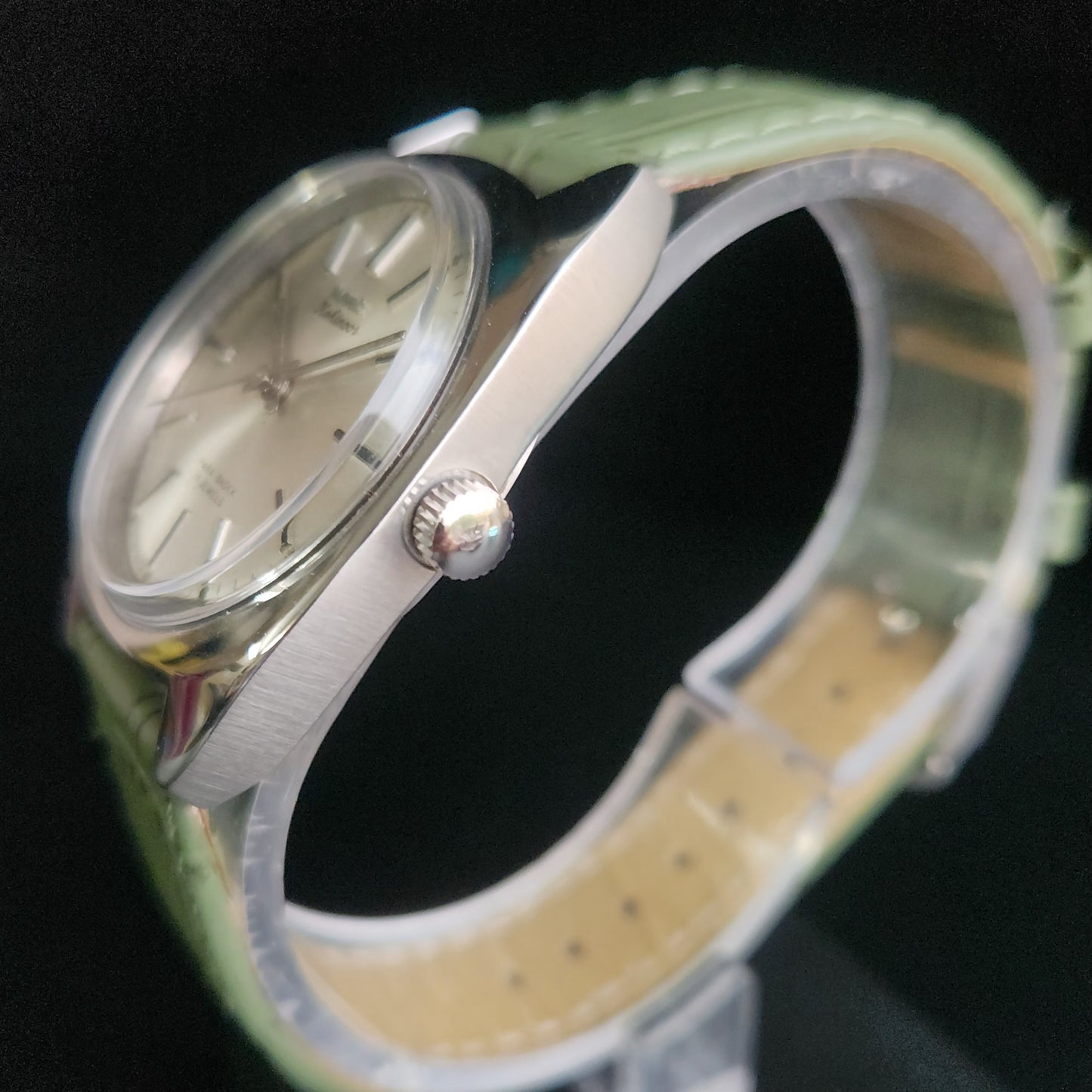 Vintage Original HMT Kohinoor Hand Winding 17 Jewels Silver Face Green Croco Leather Strap Men's Wrist Watch S95