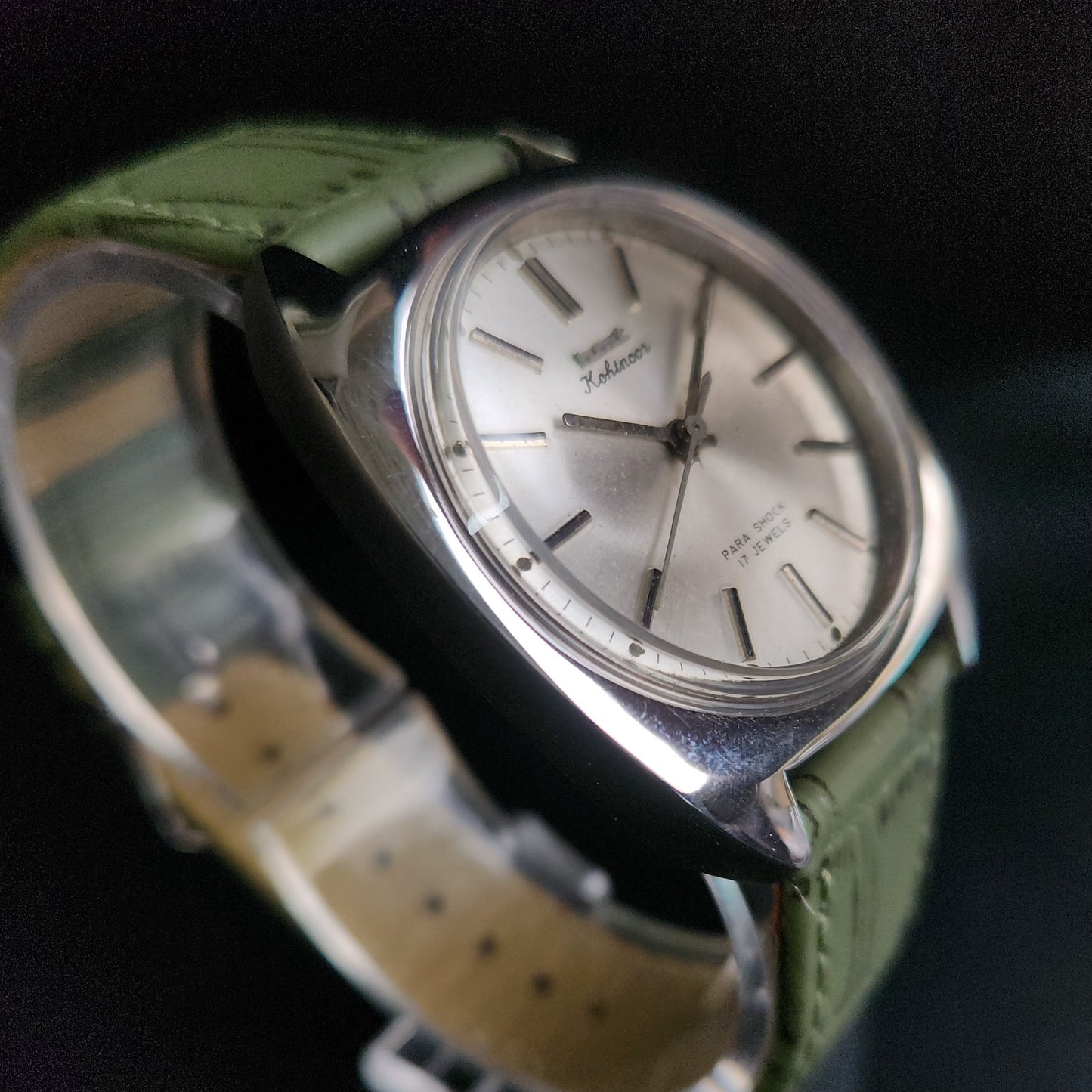 Vintage Original HMT Kohinoor Hand Winding 17 Jewels Silver Face Green Croco Leather Strap Men's Wrist Watch S95