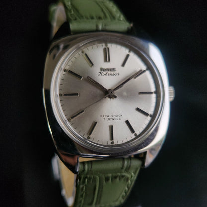 Vintage Original HMT Kohinoor Hand Winding 17 Jewels Silver Face Green Croco Leather Strap Men's Wrist Watch S95