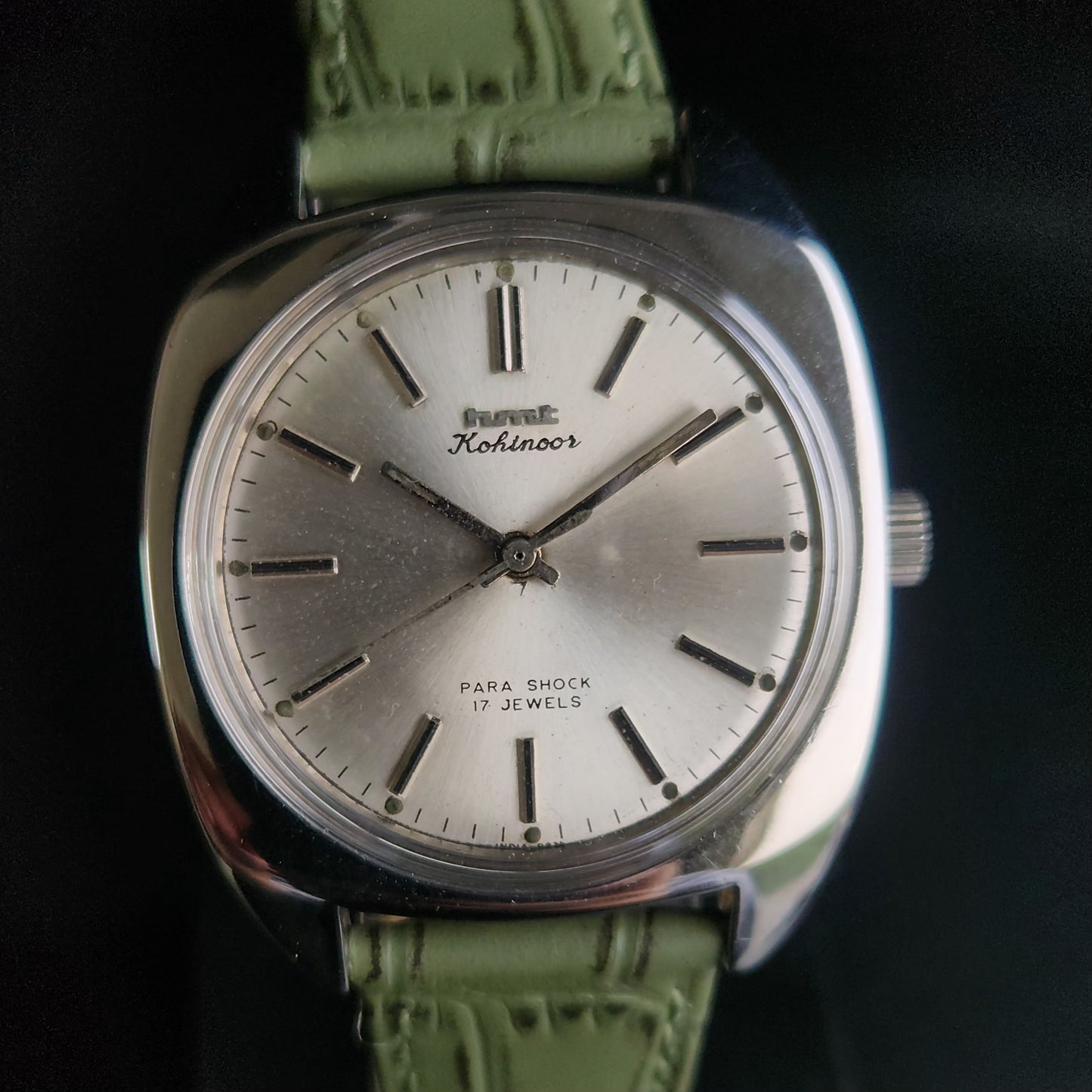 Vintage Original HMT Kohinoor Hand Winding 17 Jewels Silver Face Green Croco Leather Strap Men's Wrist Watch S95
