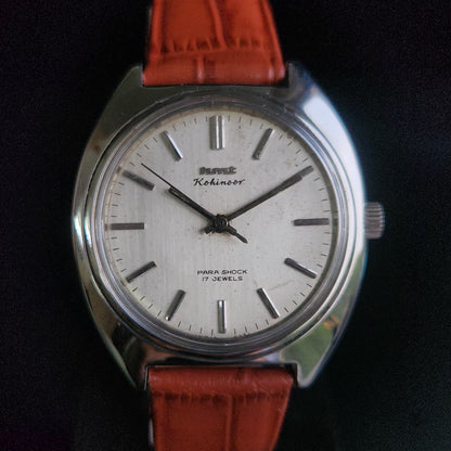 Vintage Original HMT Kohinoor Hand Winding 17 Jewels Silver Face Brown Croco Leather Strap Men's Wrist Watch S92