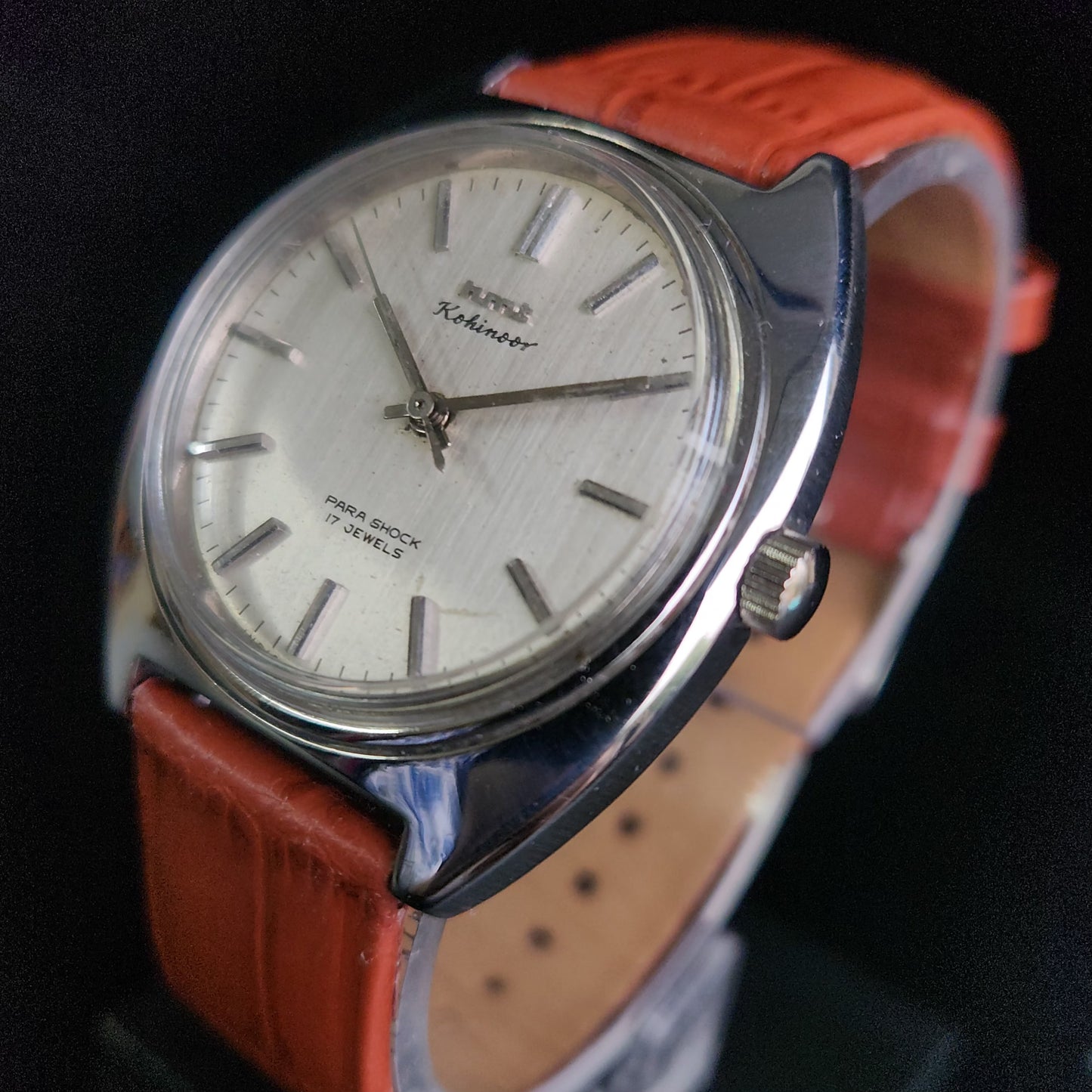 Vintage Original HMT Kohinoor Hand Winding 17 Jewels Silver Face Brown Croco Leather Strap Men's Wrist Watch S92